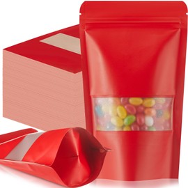 Leelosp 300 Pcs Kraft Bags with Window 5 x 8 Inch Kraft Stand up Paper Bags Reusable Food Storage Pouches Heat Sealable Zipper Sealing Pouches Bulk for Packaging Business(Red)
