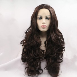 Xiweiya Long Natural Wavy 6# Synthetic Lace Front Wigs For Dark Brown Women Dark Hair Heat Resistant Fiber Half Hand Tied 24Inch