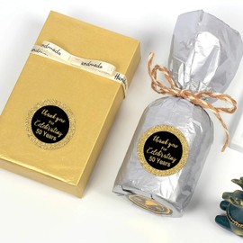 50th Birthday Thank You Stickers, Black and Gold 50th Birthday Favors, 50th Birthday Stickers, Anniversary Party Decorations, 1.75 Inch Round Circle Label Stickers, Pack of 50.