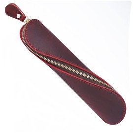 Leather Pencil Case S-Shaped Zippered Pen Pouch Elegant and Practical Pencil Cases for Adults and Students(Red (S)