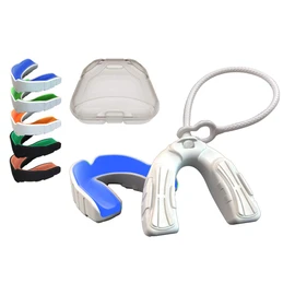 (Adult -Ages 11 & Above, Sky Blue & White) - Coollo Sports Boil and Bite Mouth Guard with Tether DBT Custom Fit Sport Mouthpiece for Football, Hockey, Rugby, Lacrosse and More (Free Case+ Strap) -Adult Size