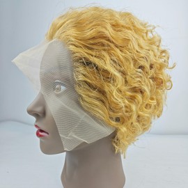 Yiifiulyn Short Pixie Cut Human Hair Wig for Black Women, Curly Weave Small Lace Front Wig (Blonde)