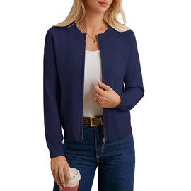 GRACE KARIN Womens Blue Smart Casual Knit Jacket Crew Neck Ribbed Cardigan Long Sleeve Loose Knitwear Navy Blue L
