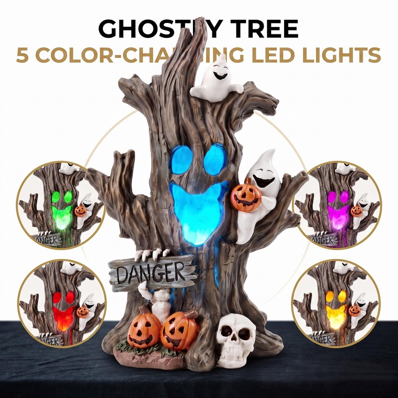 YeehaWhoo Halloween Tree Stump with LED Light, 7.48 inch Resin