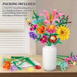 756 PCS Flower Bouquet Building Sets - 11 Kinds of Building Block Flowers, Botanical Collection Crafts Set for Home Office Decoration, Valentines Day or Mother's Day Gifts for Adults Girl