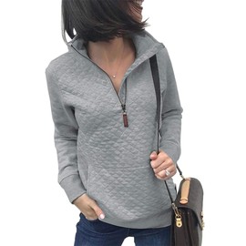 BTFBM Women Fashion Quilted Pattern Lightweight Zipper Long Sleeve Plain Casual Ladies Sweatshirts Pullovers Shirts Tops (Light Grey, Small)