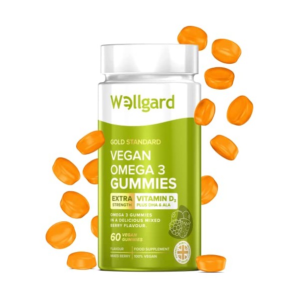 Wellgard Vegan Omega 3 Gummies by Wellgard - Chewable Algae-Derived DHA & ALA, Omega 3 Supplements, Allergen-Free, Natural Flavour, Formulated in UK