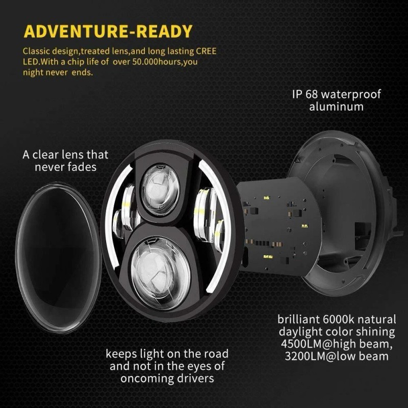 realtop3 7" Motorcycle Projector LED Headlight Driving Light DRL Hi-lo