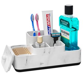 VITVITI Bathroom Counter Organizer, Toothbrush Holder for Bathroom, Resin Bathroom Organizer Countertop Storage for Cotton Ball/Vanity/Toothpaste, White Marble Look