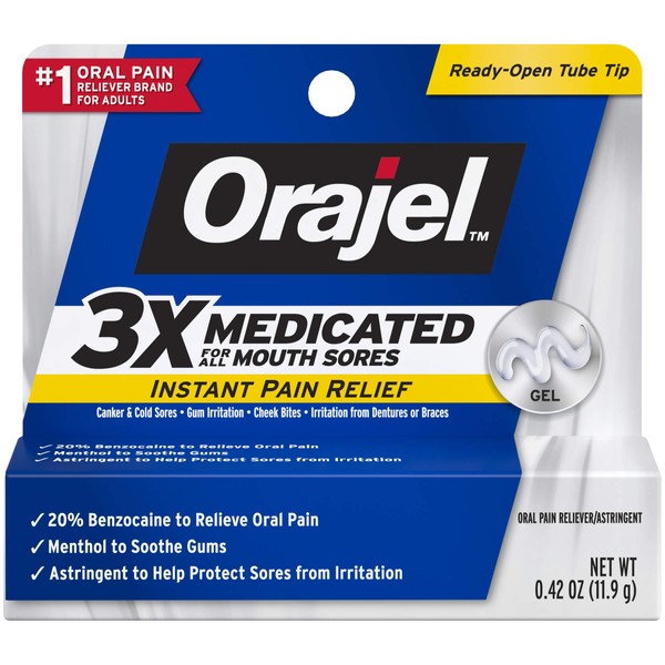Orajel 3X for Mouth Sores: Maximum Strength Gel Tube 0.42oz- from #1 Oral Pain Relief Brand- for Instant Pain Relief