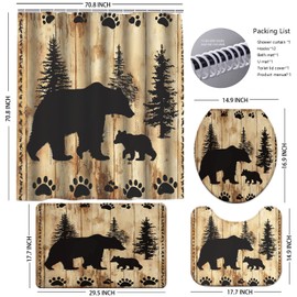 4 Pcs Rustic Cabin Shower Curtain for Bathroom Farmhouse Woodland Nursery Bear Shower Curtain Set with Non-Slip Rugs, Toilet Lid Cover and Bath Mat Forest Wildlife Curtains Toilet Home Decorations