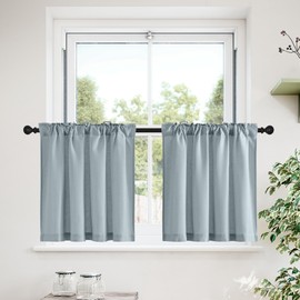 NICETOWN Linen Cafe Curtains for Small Windows Tier Back Tab Pocket Sheer Short Valance Curtains for Kitchen Over Sink Bathroom Coverings RV Camper Cabinet Cupboards 42 x 24 Inch Long, Stone Blue