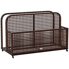 Outsunny Patio Wicker Pool Float Storage with Wheels, Outdoor Rolling PE Rattan Pool Caddy, Includes Compartment and Basket, for Pool, Garden, Deck, Brown