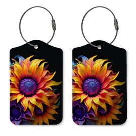 ZFQ Sunflower Luggage Tags for Suitcases,Flora 2 Pack Baggage Tag Label with Steel Loop,Black Handbag School Bag Backpack Traveling Accessories
