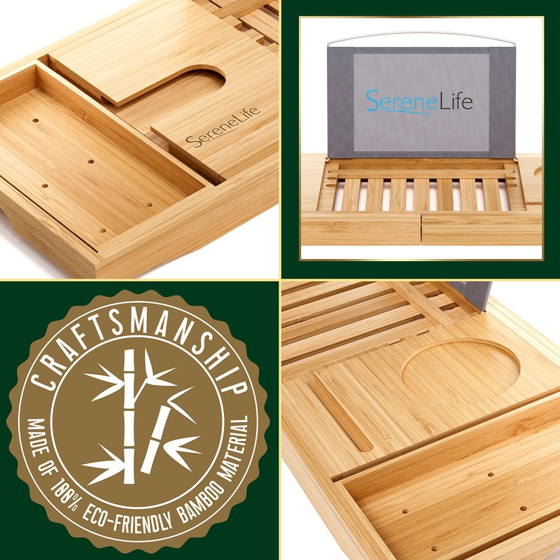 SereneLife Luxury Bamboo Bathtub Caddy Tray - Adjustable Natural Wood