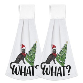 longlugoo Christmas Cat with Tree Hanging Kitchen Dish Towel 2 Pack Hand Towels Soft Coral Velvet Decorative Hand Towels with Loop for Bathroom Tie Towel Absorbent Dish Towels