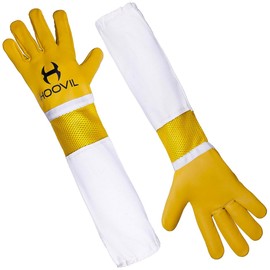 HOOVIL Beekeeping Gloves Cowskin White Air Mesh premium leather Beekeeper's Glove with Long Canvas Sleeve with Elastic Cuff (Yellow, Large)