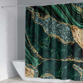 EMHOME 4PCS Marble Shower Curtain Sets, Modern Bathroom Sets With Toilet Lid Rug, Contour and Bath Mat, Luxury Bathroom Decor with 12 Hooks, 72 x 72 Inch, Green
