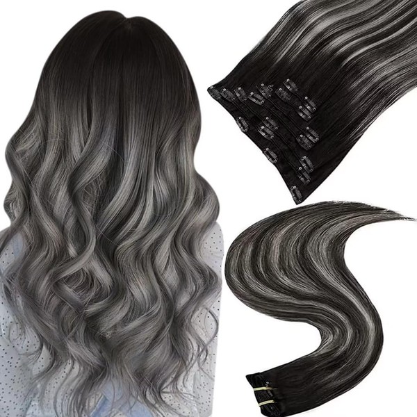 Easyouth Real Hair Clip-In Extensions Clip Extensions Remy Hair 22 Inches 100 g 7 Pieces Colour Off Black Mix Silver and Off Black Balayage Clip-In Extensions Real Hair