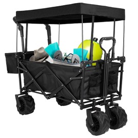 AthLike Collapsible Wagon Folding Garden Cart w/Removable Canopy, Extra Large Heavy Duty Portable Camping Beach Utilit Cart w/Adjustable Push Pull Handle, 7" Wide All-Terrain Wheel for Shopping Picnic