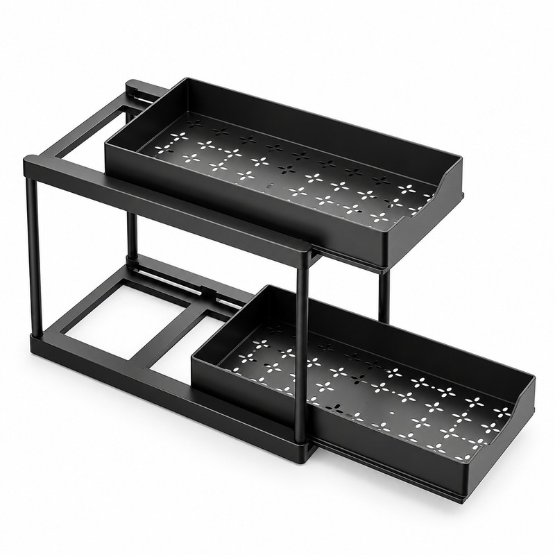 2-Tier Pull-Out Under Sink Organizer - Black Sliding Storage Rack