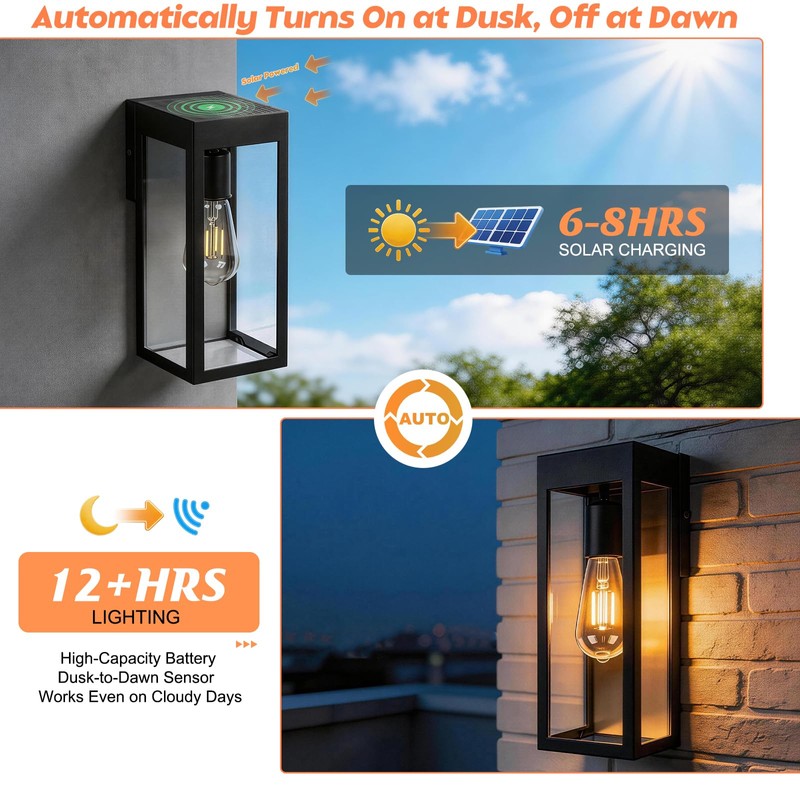 Solar Sconce Light Outdoor Dusk-to-Dawn Solar Powered Outside Porch Lantern
