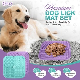 UFLIX Dog Lick Mat 2 Pcs-Slow Feeding Licking Pads with Suction Cups for Anxiety Relief & Boredom, Pet Calming Enrichment Mat for Dogs & Cats (1 Scraper + 1 Cleaning Brush) (Green,Purple, Standered)