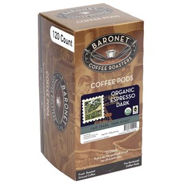 Baronet Coffee Organic ESE Espresso Pods - Espresso Dark Roast - 120 Single Serve Espresso Pods - 7.2 Grams - Individually Wrapped for Freshness - Rich, Traditional Flavor