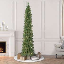 Puleo International 7 ft Pre-Lit Alpine Artificial Pencil Tree 318 Tips 150 Clear Lights