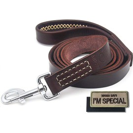 Leather Dog Leash 6Ft&1'' Wrapped Handle Cowhide(Never Fading) Heavy Duty Padded Lead for Medium, Large Dogs Training and Walking (Brown)