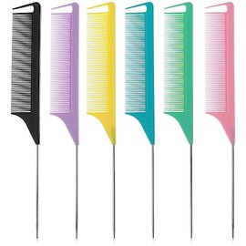 6Pcs Rattail Comb Metal Rat Tail Combs Fine Tooth Parting Combs with Stainless Steel Pintail for Braiding Hair Sectioning Teasing Styling(8.66 Inch)