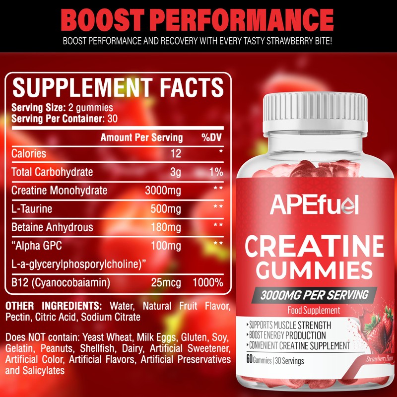 APEfuel Creatine Gummies for Men & Women - Sugar-Free Strawberry