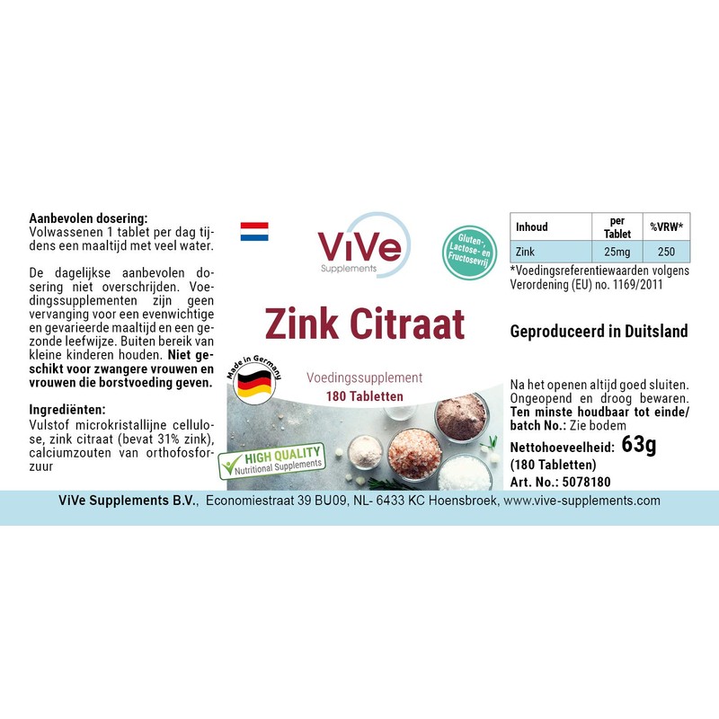 Zinc Tablets, 25 mg Made of Zinc Citrate, 180 Tablets,