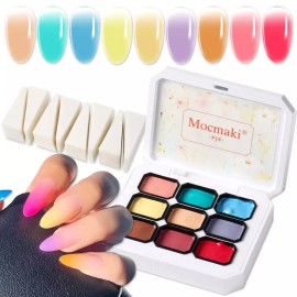 Gradient 그라디언트 페인팅 젤 9가지 색상의 옴브레 매니큐어 8Pcs 네일 스펀지로 블러셔 블루밍 아우라 드로잉 [Blue-1] Gradient Painting Gel Ombre Manicure in 9 Colors with 8Pcs Nail Sponge Blusher Blooming Aura Drawing [Blue-1]
