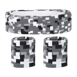 sourcing map Sweat Band Set Sports Terry Cloth Headband Wristband Set 8"x2" Moisture Wicking Sweat Absorbing Head Band for Women Men Workout Exercise (Checkered Camouflage Gray)