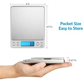 Digital Kitchen Scale, 3000g 0.01oz/ 0.1g Pocket Cooking Scale, Mini Food Scale, Pro Electronic Jewelry Scale with Back-Lit LCD Display, Tare & PCS Functions, Stainless Steel, Batteries Included