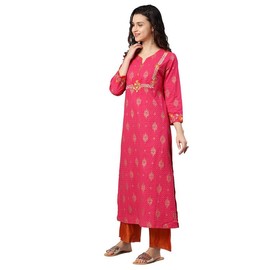 Akiko Women's Straight Kurta - Cambric Cotton, Foil Printed & Zari Embroidered 3/4th Sleeve Indian Kurti (Pink)