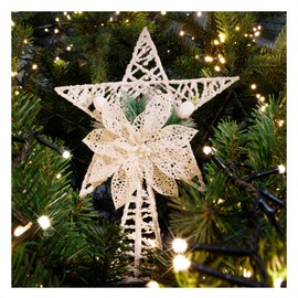 COM-FOUR® Deco Star Christmas - White Metal Star with Pine Needle, Flower & Berry - Christmas Tree Topper