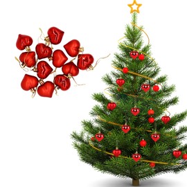 Christmas Ornaments Heart Set of 12 Stylish Heart Shaped Christmas Ball Ornaments Scandinavian Garland Christmas Tree Ornaments Valentine's Day Wedding Party Decoration (Red)