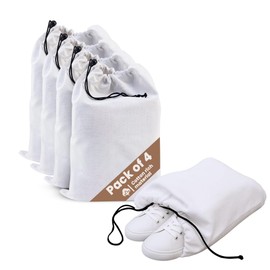 LFH Cotton Rich Shoe Storage Bags with Drawstring, Dustproof Breathable Reusable Organizer, Perfect For Travel, Dorm, Hotel, College, Gym, Easy to Carry, Machine Washable 12"x17" (Pack of 4) - White