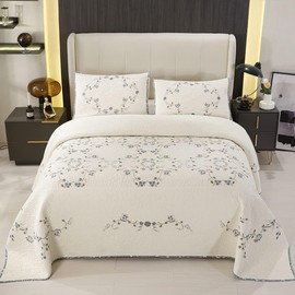 vctops 3-Piece 100% Cotton Bedspread Coverlet Set King Size Elegant Floral Embroidered Reversible Patchwork 1 Quilt and 2 Pillow Shams (Flower B,King)