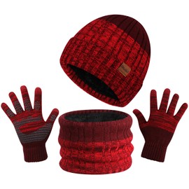 TAGVO 3-in-1 Winter Beanie Hat, Scarf, Gloves Set, Ultra-Soft Elastic Thick Fleece Inner Lining, Knitted Beanie Cap, Neck Warmer, Warm Knitted Hats, Hat, Scarf & Glove Sets for Men and Women, red