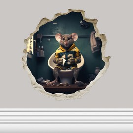 Football Mouse On Toilet in Mouse Hole - 3D Wall Sticker Decal, Cartoon Home Decor Vinyl Art, Bookcase, Laptop, Classroom, Kids Room, Bedroom, Children, Adorable
