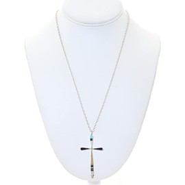 Zuni Turquoise Shell Inlaid Sterling Cross Pendant With Silver Chain