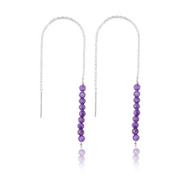 InfinitygemsArt Amethyst Beaded Gemstone Threader Dainty Earring Pair - Natural Beads Crystal - Birthstone, Gift for her, Energy Healing Crystals Jewelry in Silver Plated, Every Day Wear Jewelry, Elegant Gift