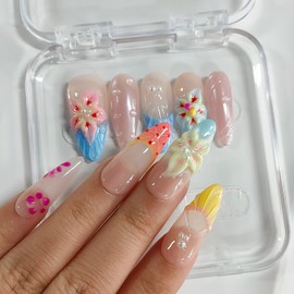 Handmade Press on Nails Almond Long 3D Floral French Tip Thick Acrylic Fake Nails False Nails with Flower Water Ripple Designs Summer Sturdy Nail Art Press on Nails 10Pcs(S)