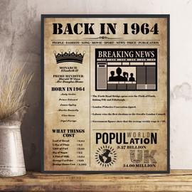 Back in 1964 Birthday Poster UK Unframed, 60th Birthday Gifts for Women Men, Happy 60th Birthday Decoration Supplies Wedding Anniversary Ideas Card