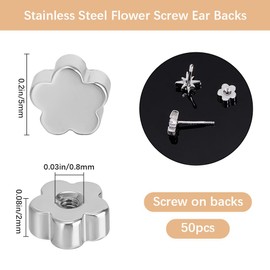 Beebeecraft 1 Box 50Pcs Stainless Steel Screw Backs (Hole: 0.8mm/20 Gauge) Flat Flower Earring Backs Replacement Metal Silver Ear Nuts for Jewelry Earring Making Supplies