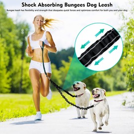 2 Dog Leash, 360° Swivel No Tangle Double Dog Walking & Training Leash, Comfortable Shock Absorbing Reflective Bungee Lead Walk 2 Dogs with Ease