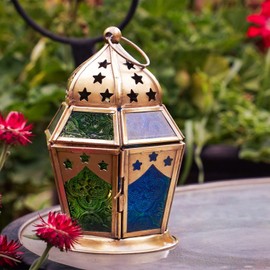 In the Breeze 9209 — Blue & Green Hex Tealight Lantern — Moroccan-Style Boho Chic Tealight Glass and Metal Tabletop Lantern